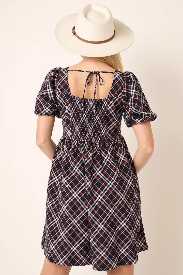 Navy Mittoshop Checkered Print Puff Sleeve Babydoll Mini Dress