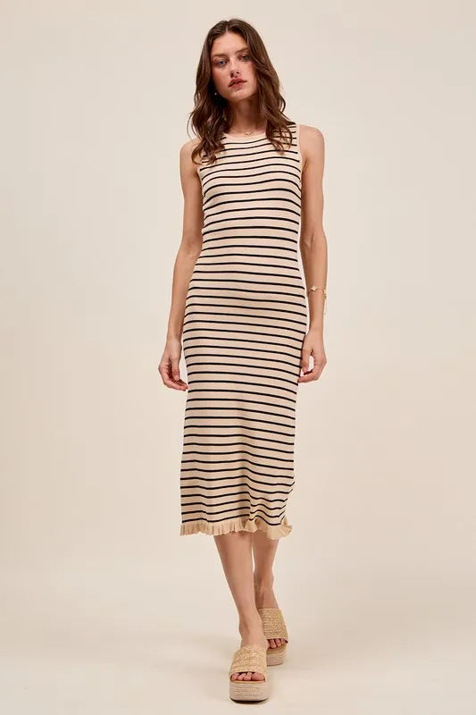 Oatmeal/Black So Me Stripe Sleeveless Sweater Knit Maxi Dress With Ruffled Hem