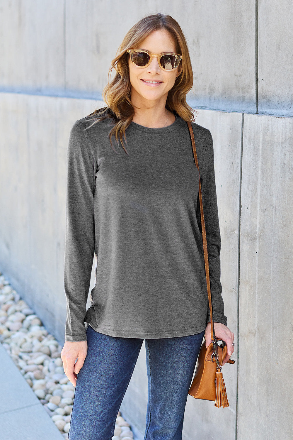 Dark Brown Basic Bae Full Size Round Neck Long Sleeve Top