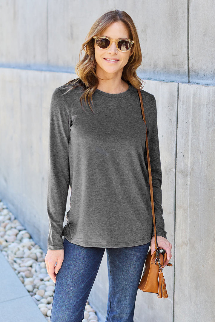 Dark Brown Basic Bae Full Size Round Neck Long Sleeve Top
