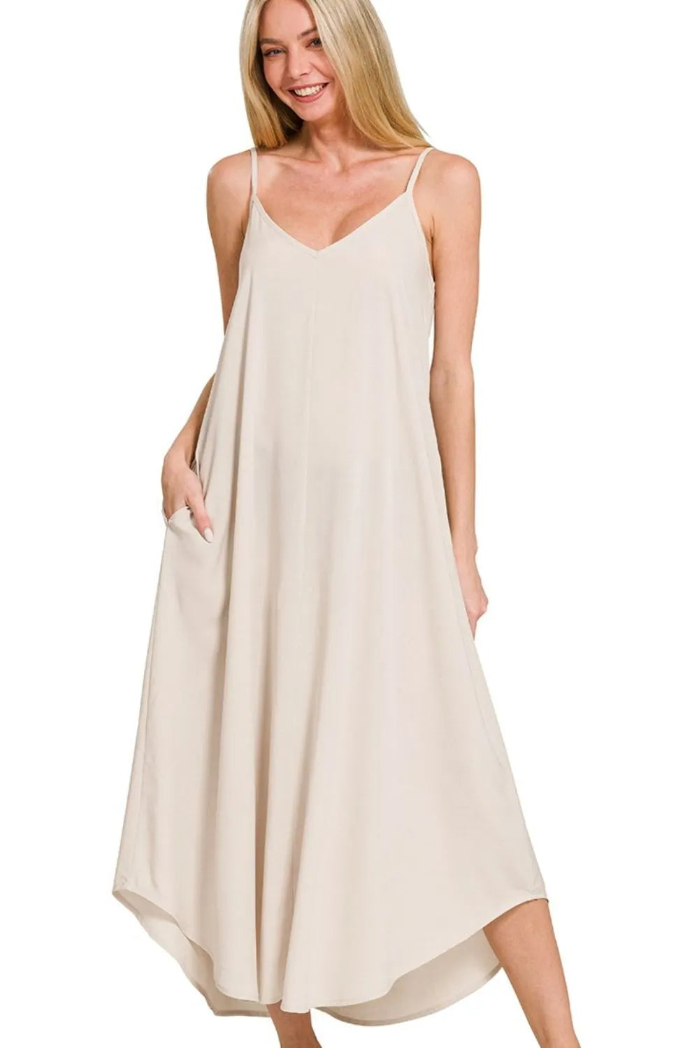 Sand Beige Zenana Woven Arc Hem Cami Dress With Flowy Pockets 4