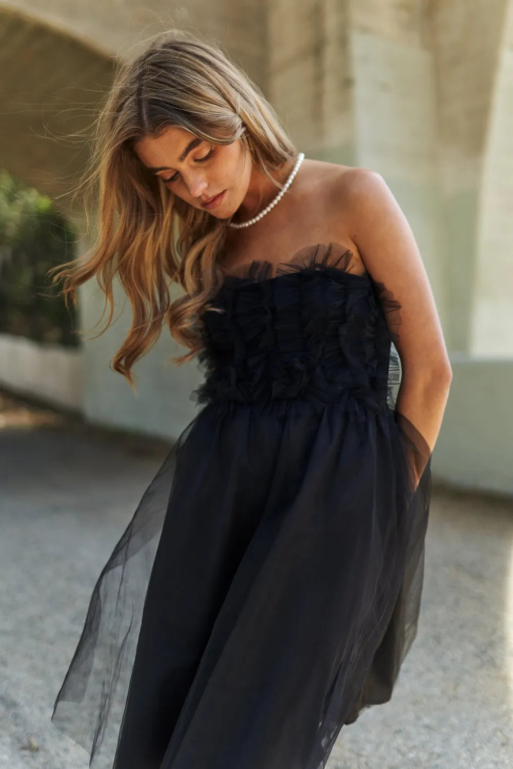 J Nna Mesh Ruffle Tube Top Swing Dress