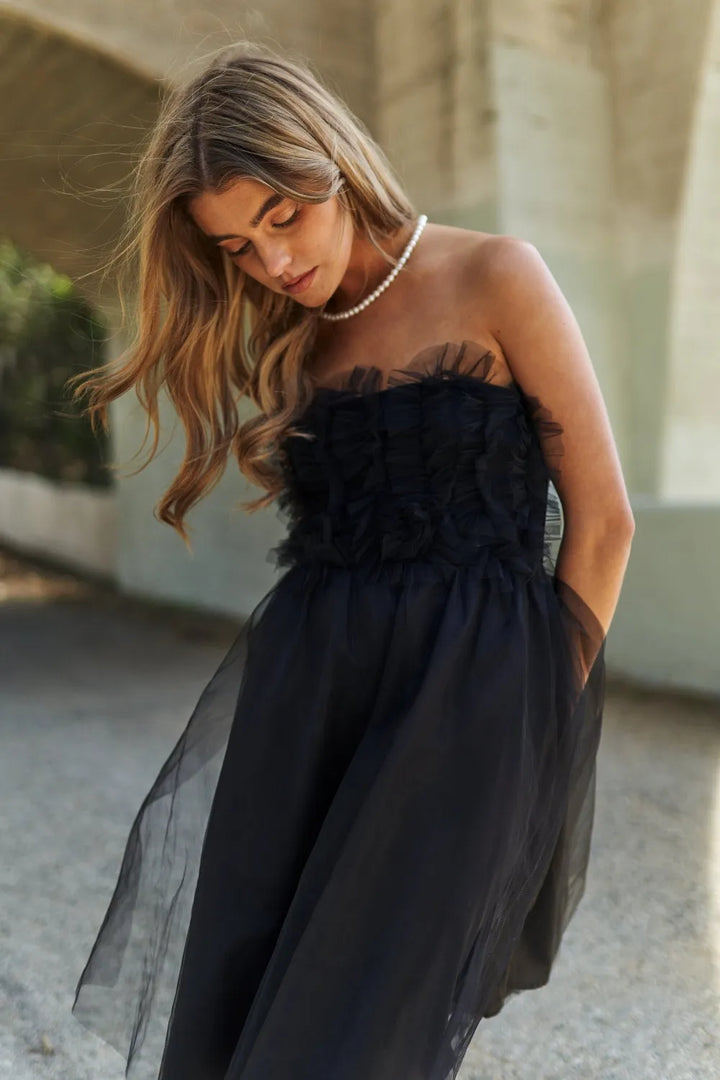 J Nna Mesh Ruffle Tube Top Swing Dress