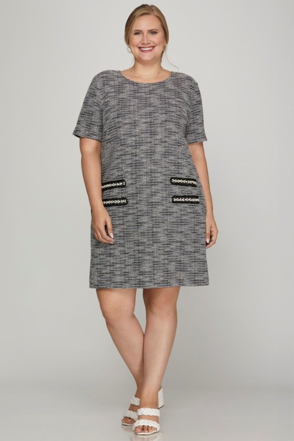 Black She Sky Full Size Short Sleeve Pearl Studded Trim Knit Tweed Dress Plus Size 1