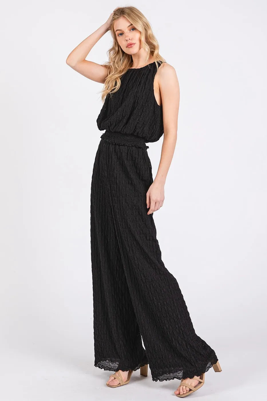 Black Mittoshop Textured Stretchy Crop Tank And Pants Set