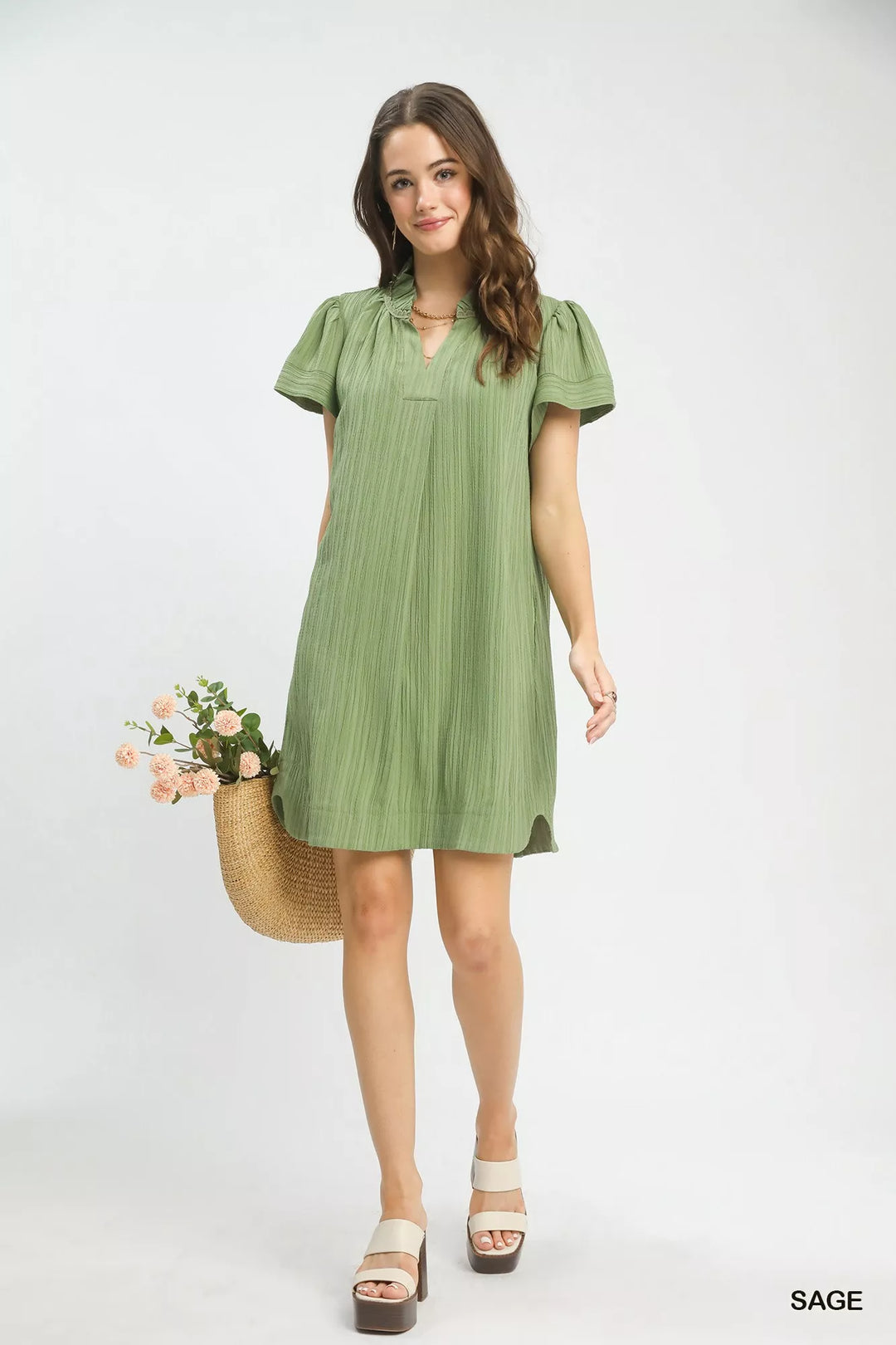 Umgee Flutter Sleeve V Neck Shift Dress