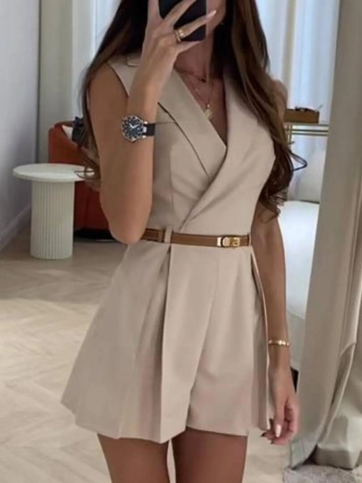 Apricot Solid Sleeveless Surplice Romper