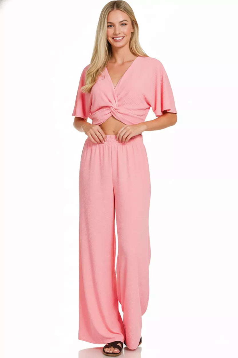 Dk Pink Zenana Woven Airflow Twisted Top Wide Leg Pants Set 2