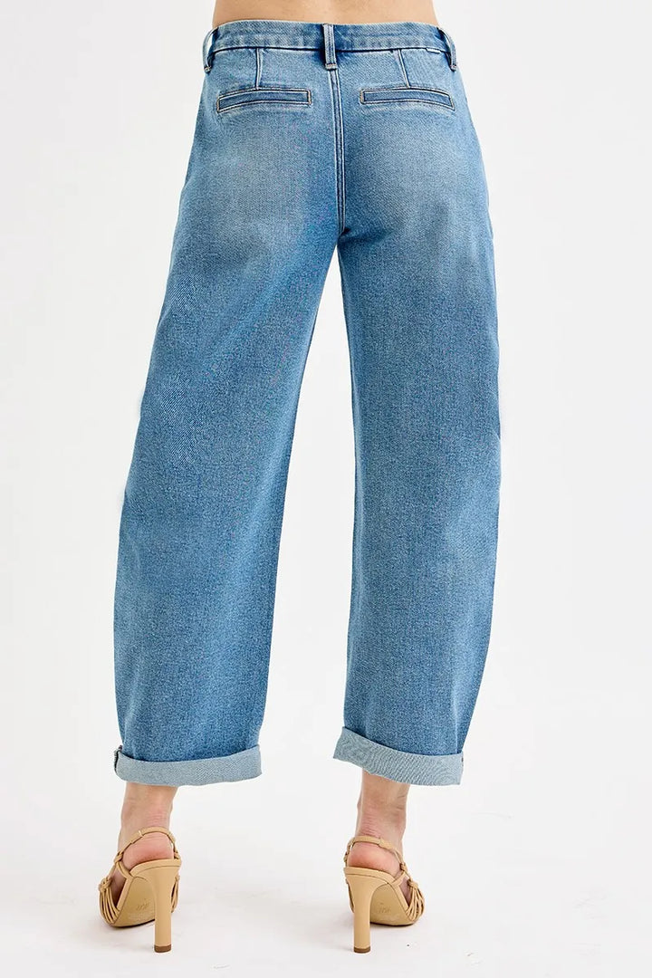 Medium Risen Full Size Mid Rise Fit Barrel Roll Up Jeans Plus Size