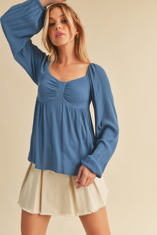Peacock  Blue Aemi Co Ruched Sweetheart Neck Balloon Sleeve Blouse