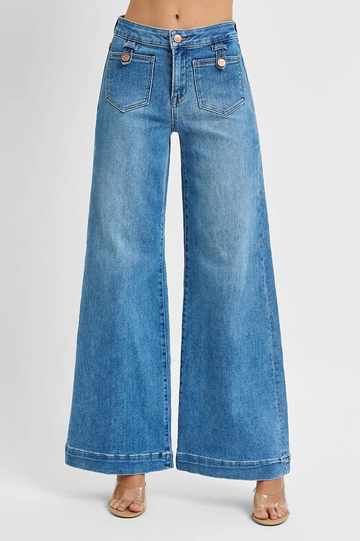 Medium Risen Full Size Mid Rise Wide Front Patch Pocket Jeans Plus Size