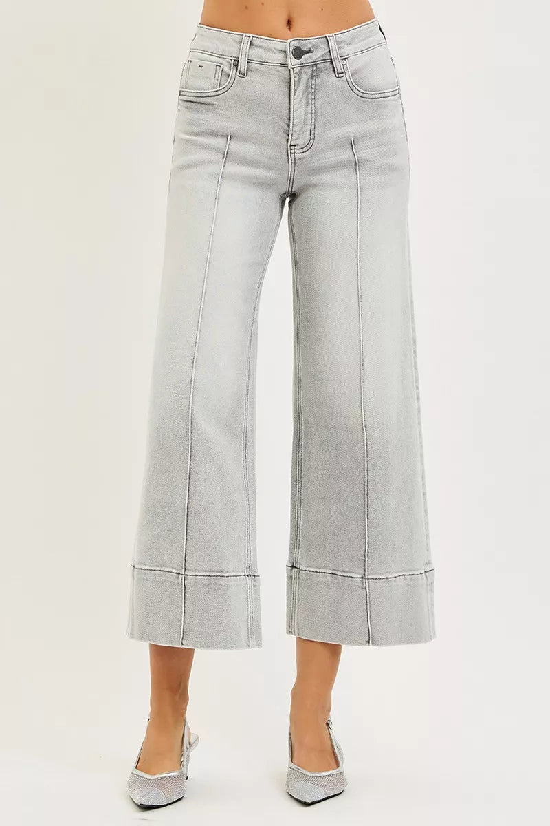 Light Grey Risen Tummy Control Mid Rise Crop Wide Pintuck Front Jeans