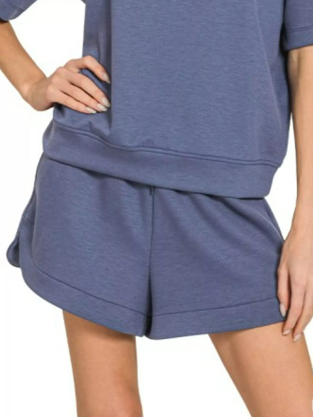 Blue Indigo Zenana Scuba Short Sleeve Top Shorts Set