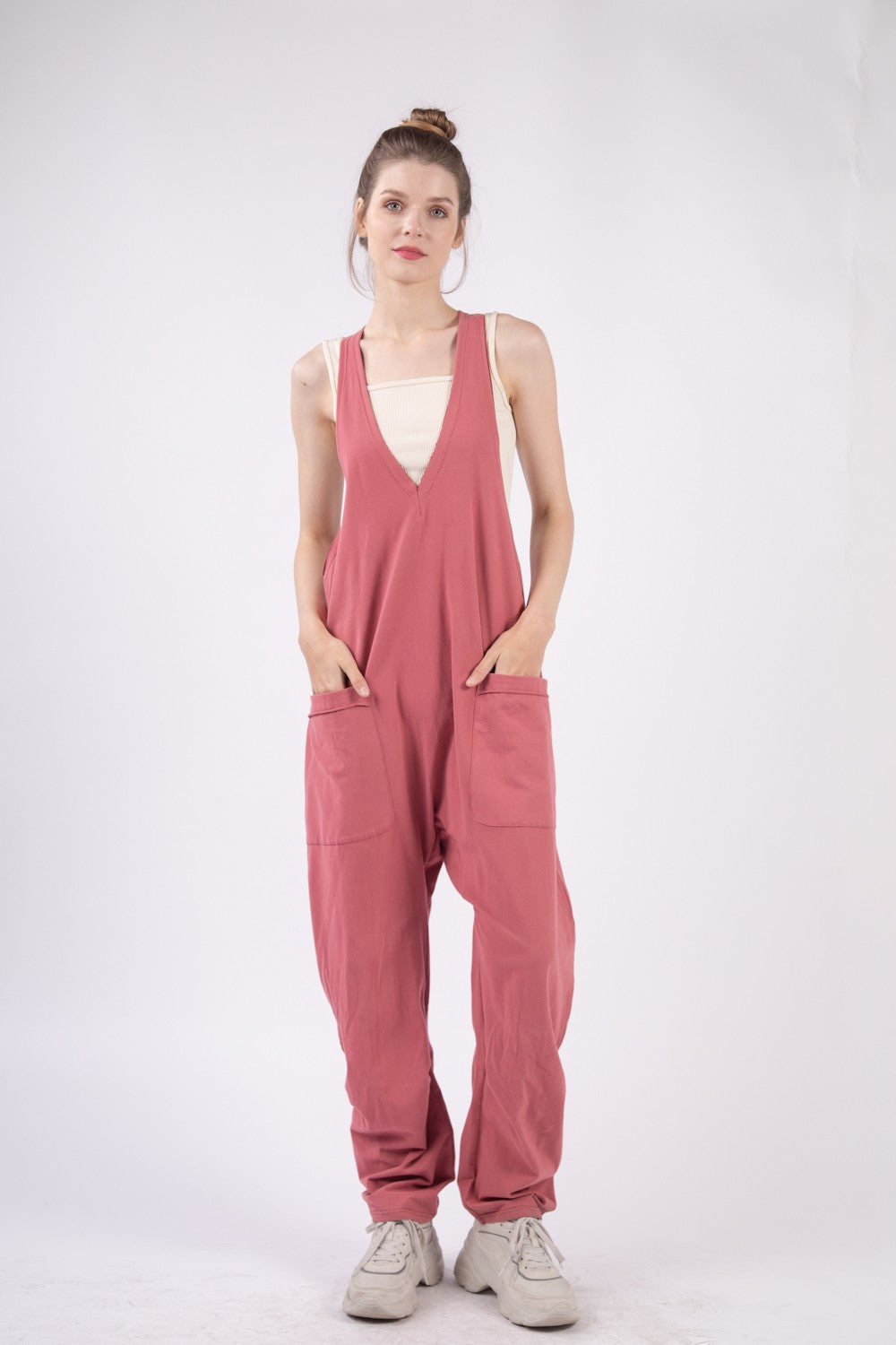 Brick Very J Plunge Sleeveless Jumpsuit With Pockets