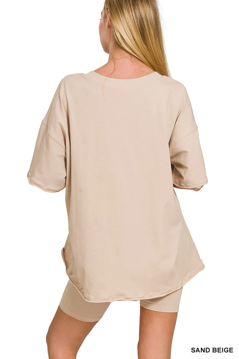 Sand Beige Zenana Cotton V Neck Top Biker Shorts Set