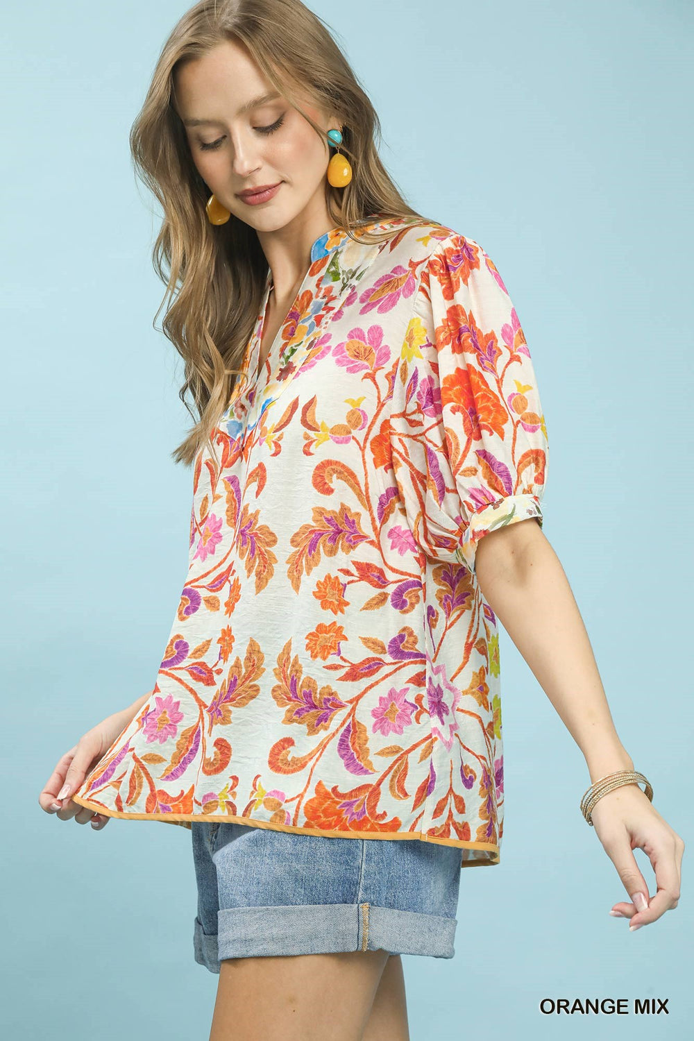 Orange Mix Umgee Mix Floral Split Neck Short Sleeve Top