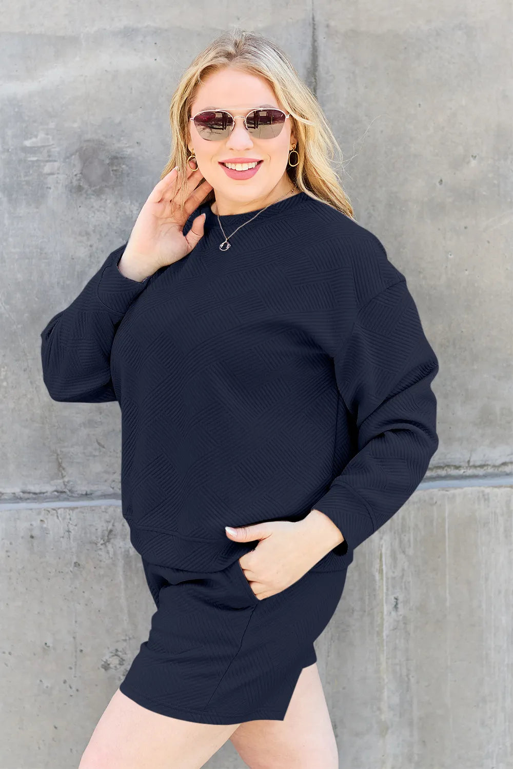 Navy Double Take Full Size Texture Long Sleeve Top And Drawstring Shorts Set