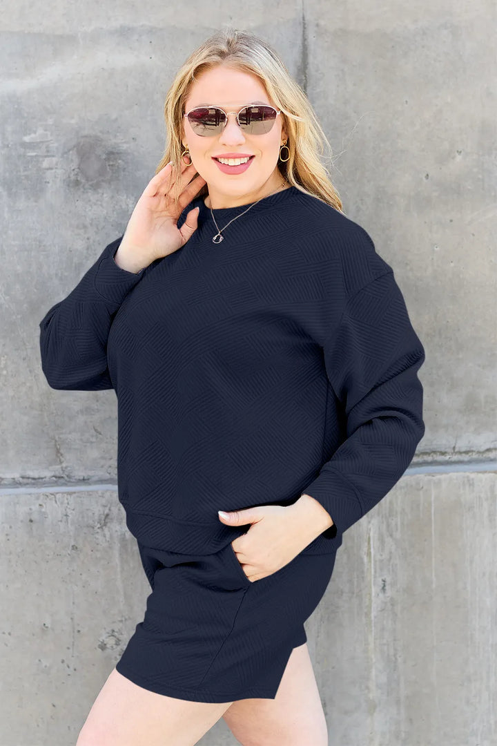 Navy Double Take Full Size Texture Long Sleeve Top And Drawstring Shorts Set