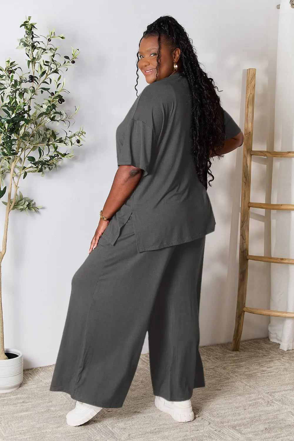 Dark Gray Double Take Full Size Round Neck Slit Top And Pants Set