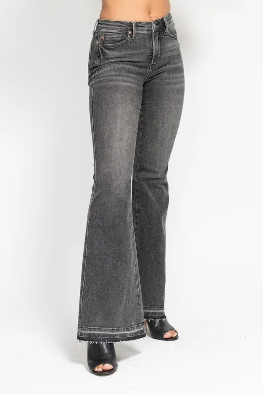 Gry Judy Blue Full Size Mid Rise Tummy Control Washed Gray Release Hem Flare Jeans Plus Size