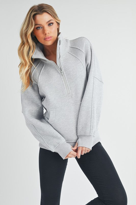 Light Gray Aemi Co Half Zip Raglan Sleeve Sweatshirt With Kangaroo Pocket 1