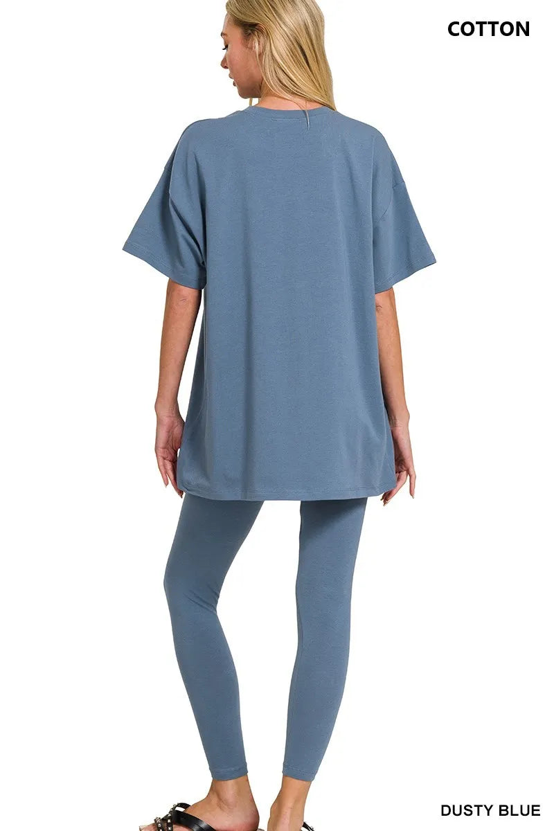 Dusty Blue Zenana Cotton Round Neck Top Legging Set 2