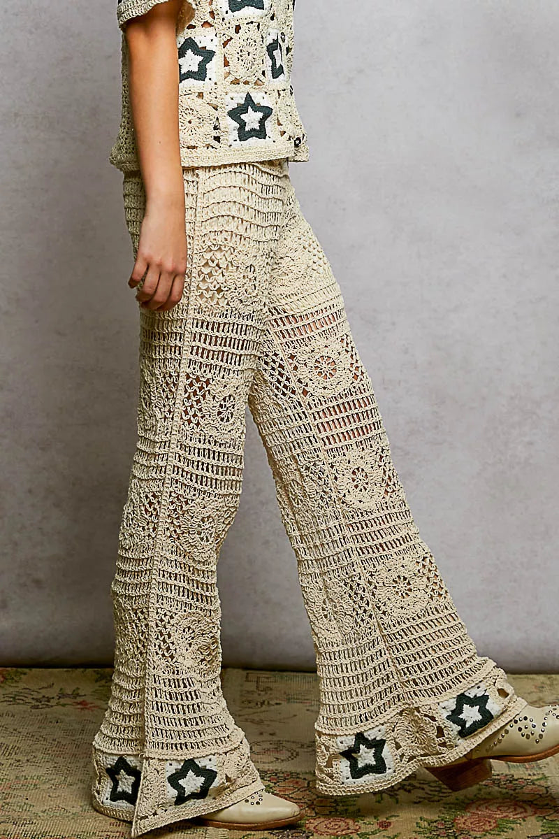 Pol Openwork Crochet Flare Pants With Contrast Star 1