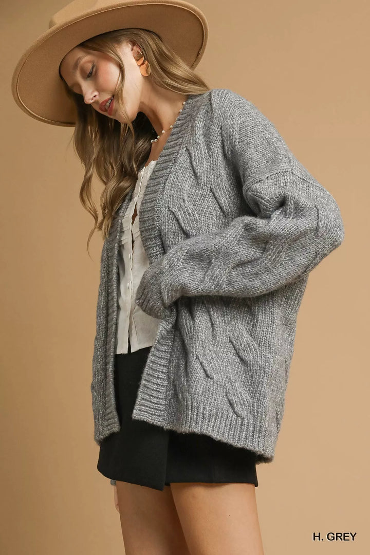 H. Grey Umgee Chunky Cable Knit Open Front Cardigan 1