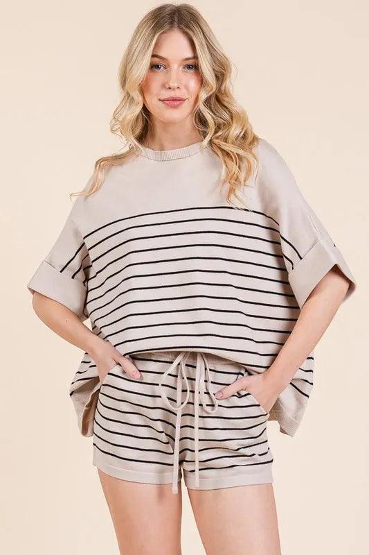 Lime N Chili Striped Folded Half Sleeve Top And Shorts Set