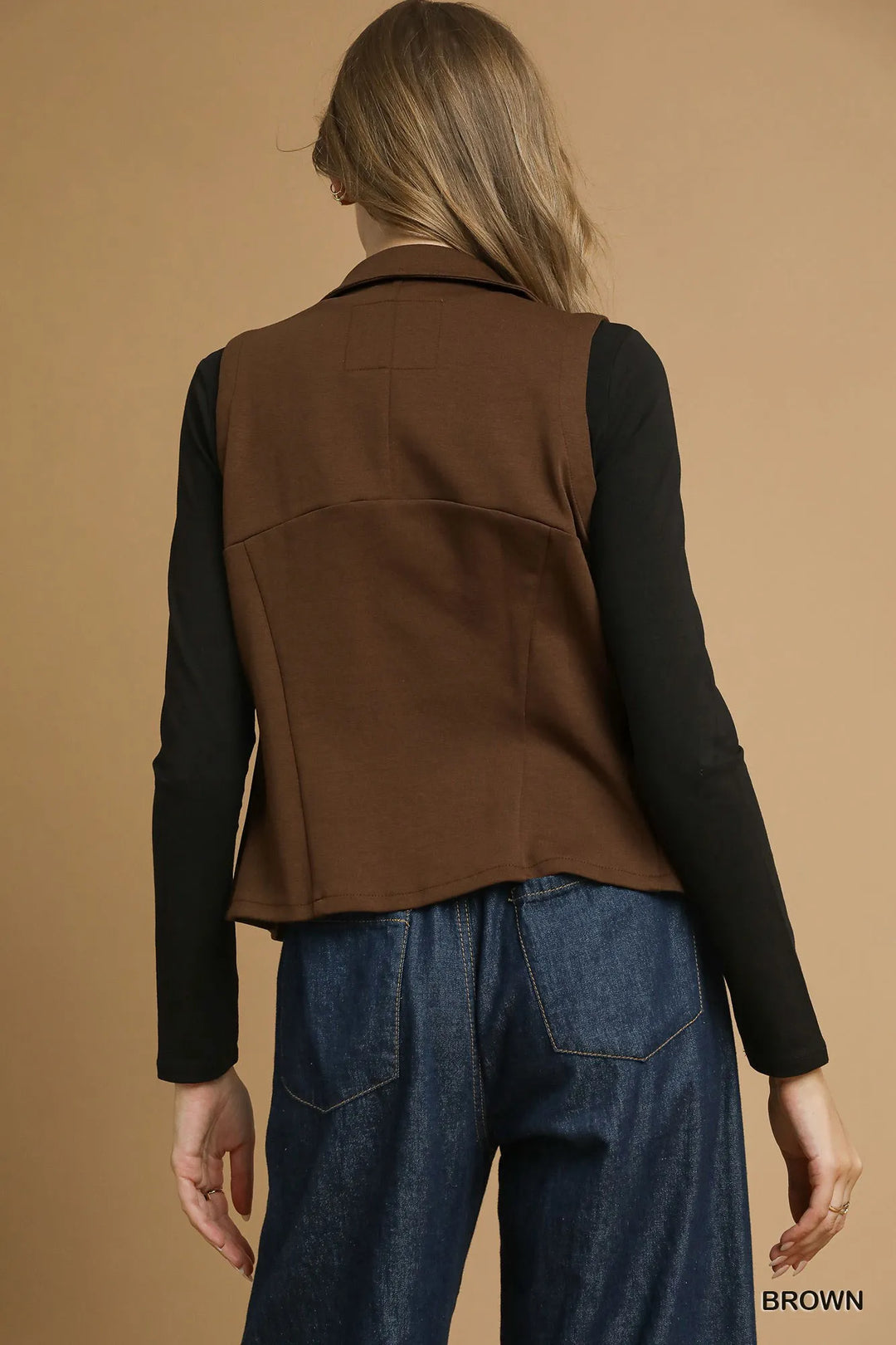 Brown Umgee Zip Front Fitted Vest With Pockets 1