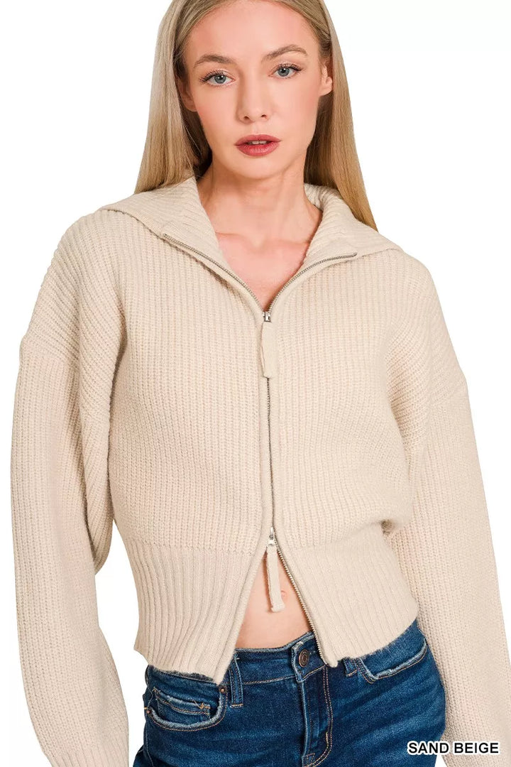 Zenana Ribbed Collared Zip Up Sweater Cardigan 4