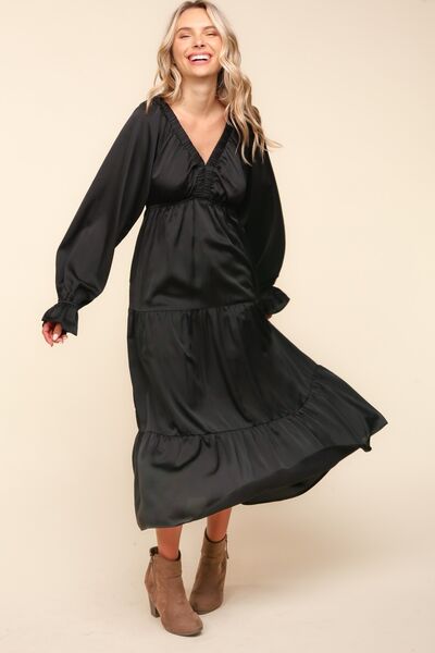 Haptics Flounce Sleeve Tiered Midi Dress With Pockets