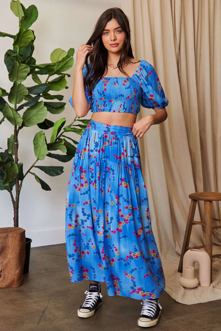 Davi Dani Smocing Bodice Puff Short Sleeve Printed Crop Top