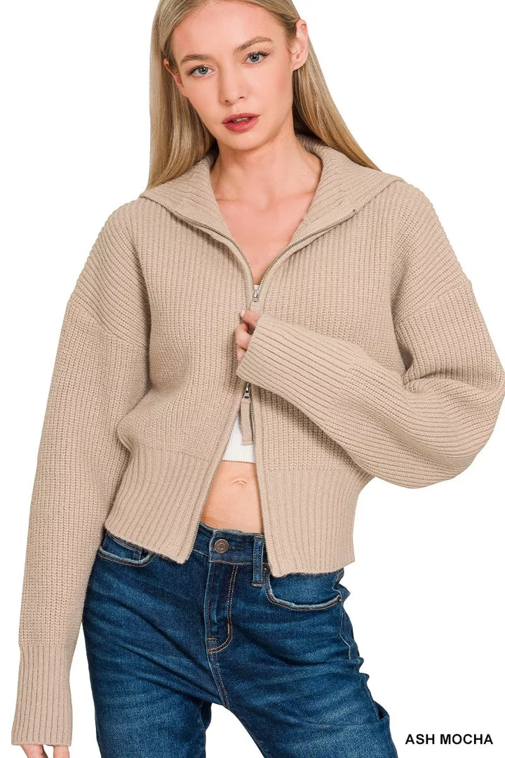 Ash Mocha Zenana Ribbed Collared Zip Up Sweater Cardigan 5