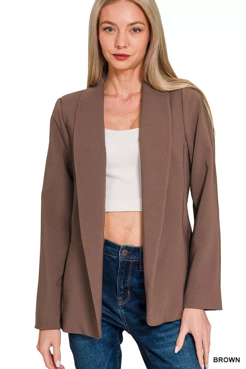 Brown Zenana Woven Long Sleeve Blazer With Lining 6