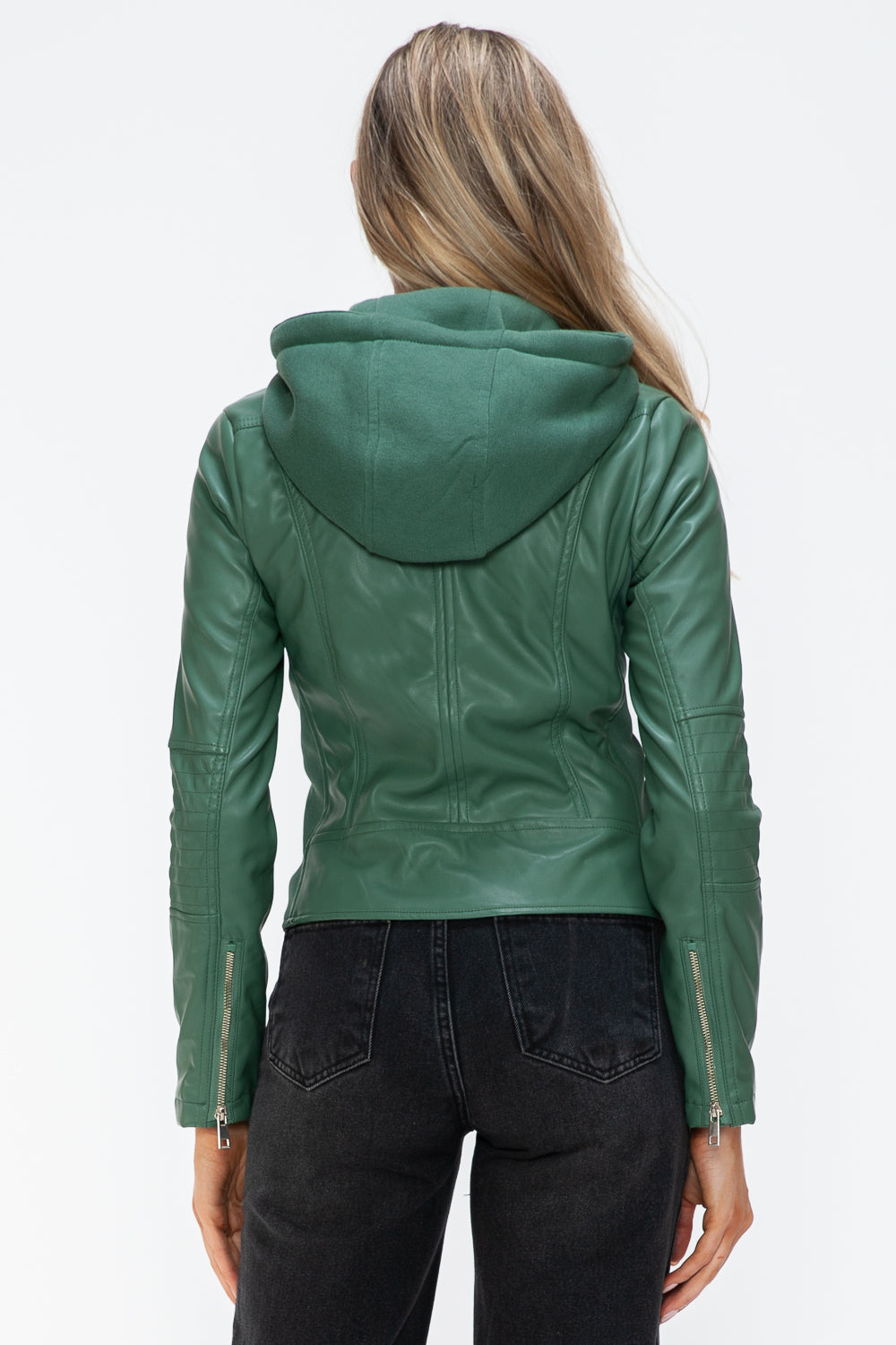 Sage Snobbish Faux Leather Zip Up Drawstring Hooded Jacket