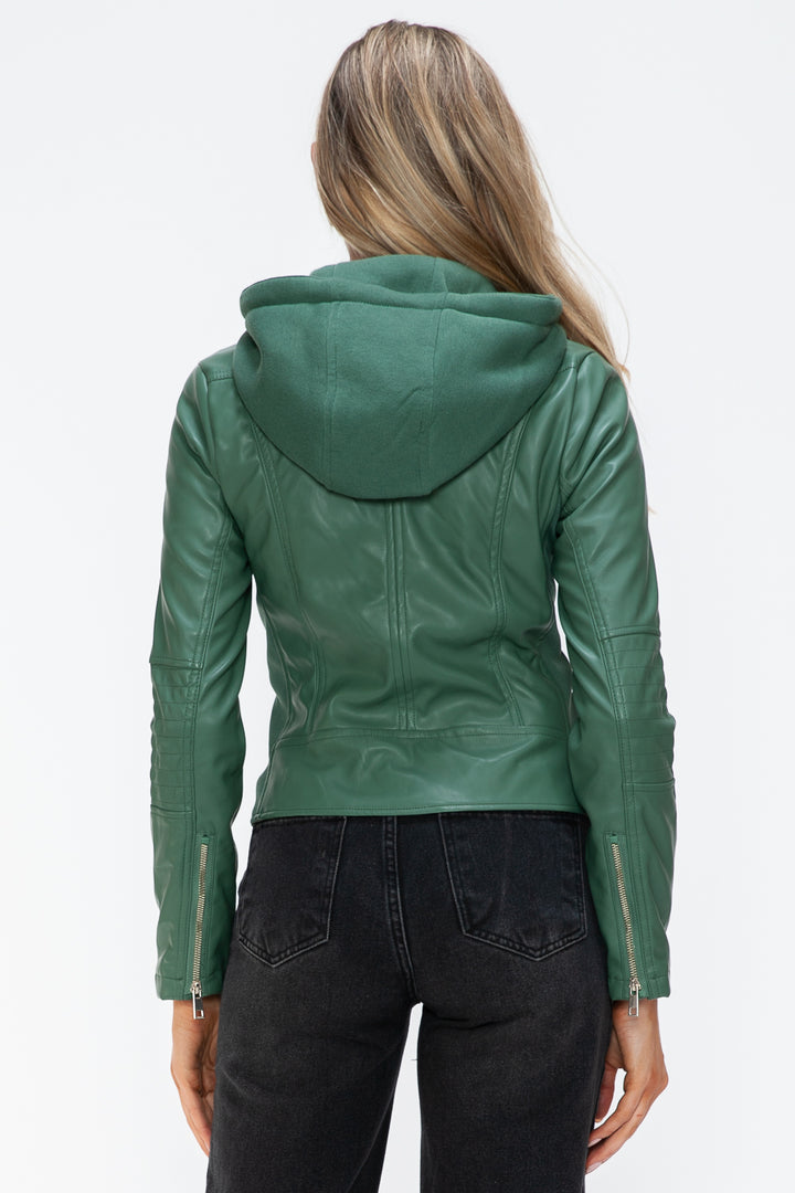 Sage Snobbish Faux Leather Zip Up Drawstring Hooded Jacket