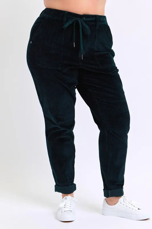 Emrld Judy Blue Full Size High Waist Corduroy Cuffed Jogger Plus Size