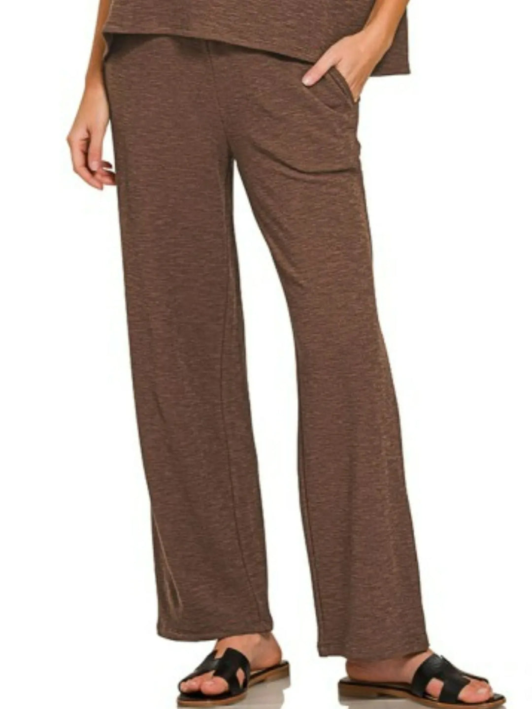 Brown Zenana Slub Short Sleeve T Shirt And Pants Set