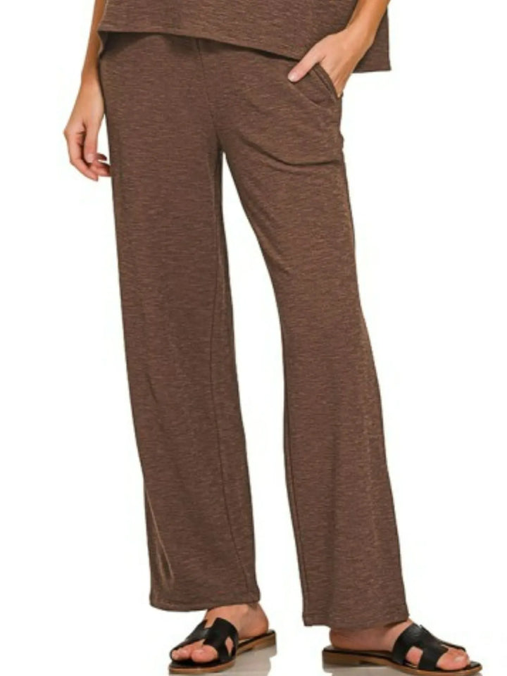 Brown Zenana Slub Short Sleeve T Shirt And Pants Set