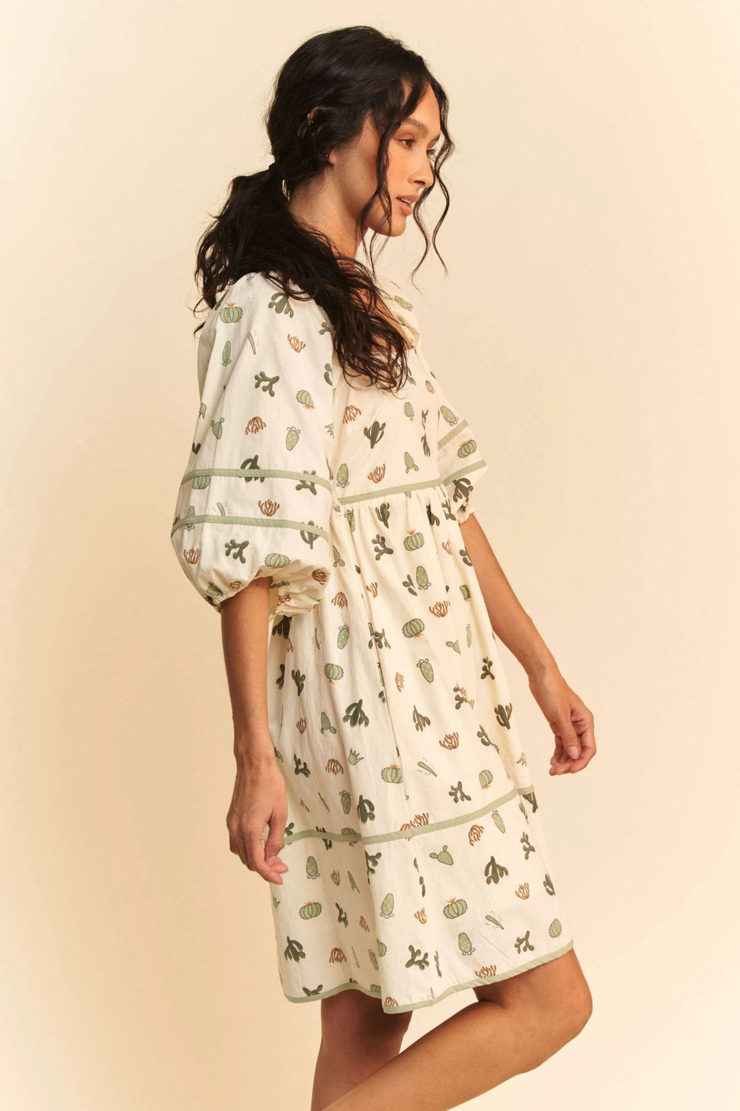 Davi Dani Cactus Printed Poplin Contrast Piping Mini Dress