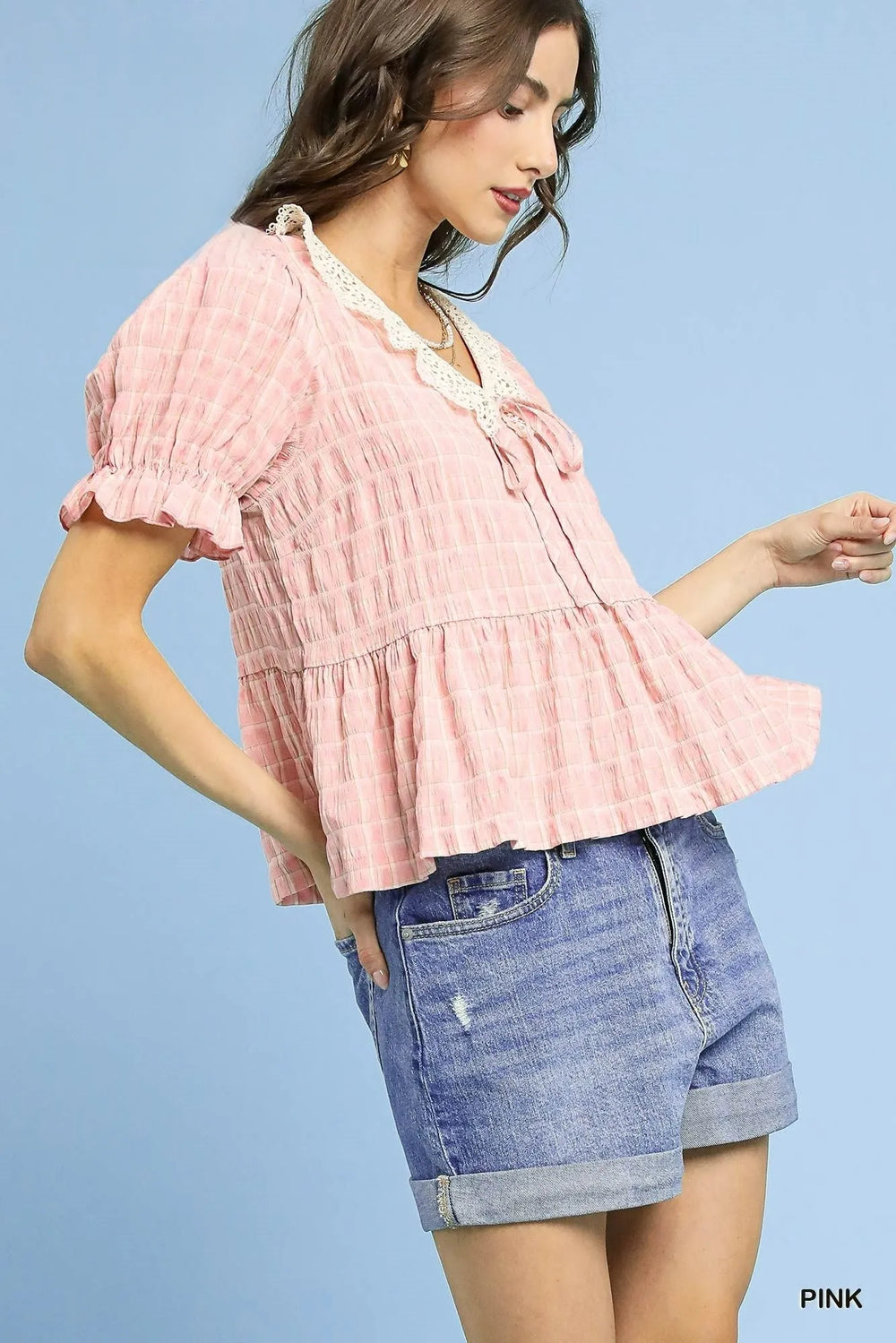 Pink Umgee Short Sleeve Gingham Lace Peplum Blouse