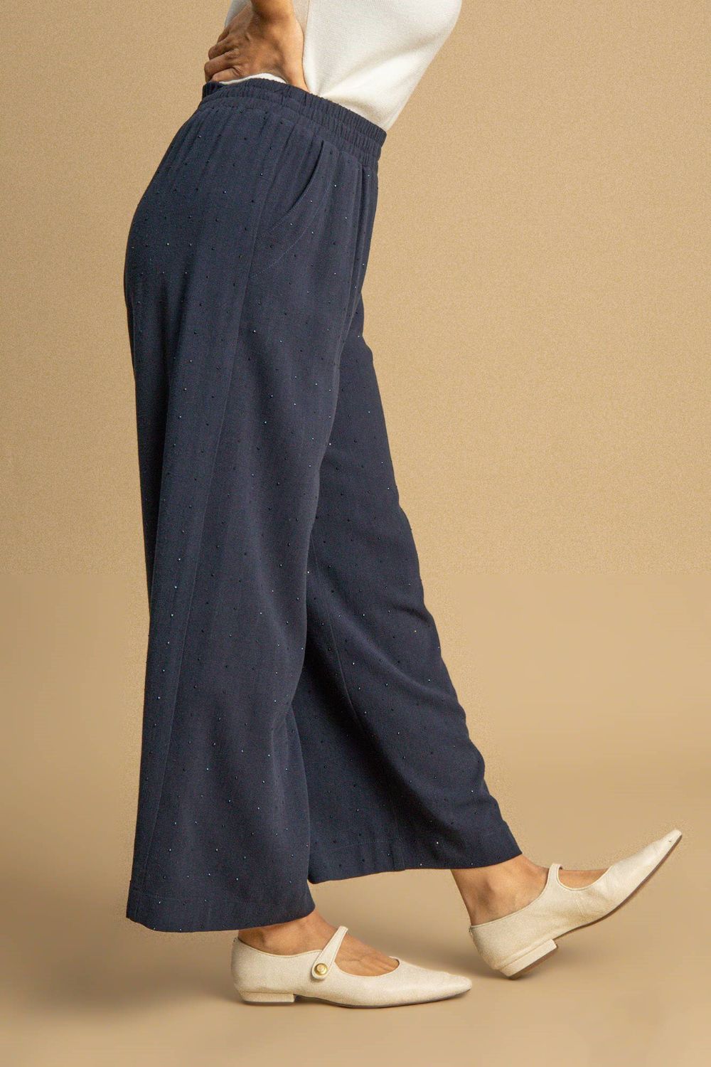 Dark Blue Umgee Full Size High Waisted Embellished Linen Pants Plus Size 1