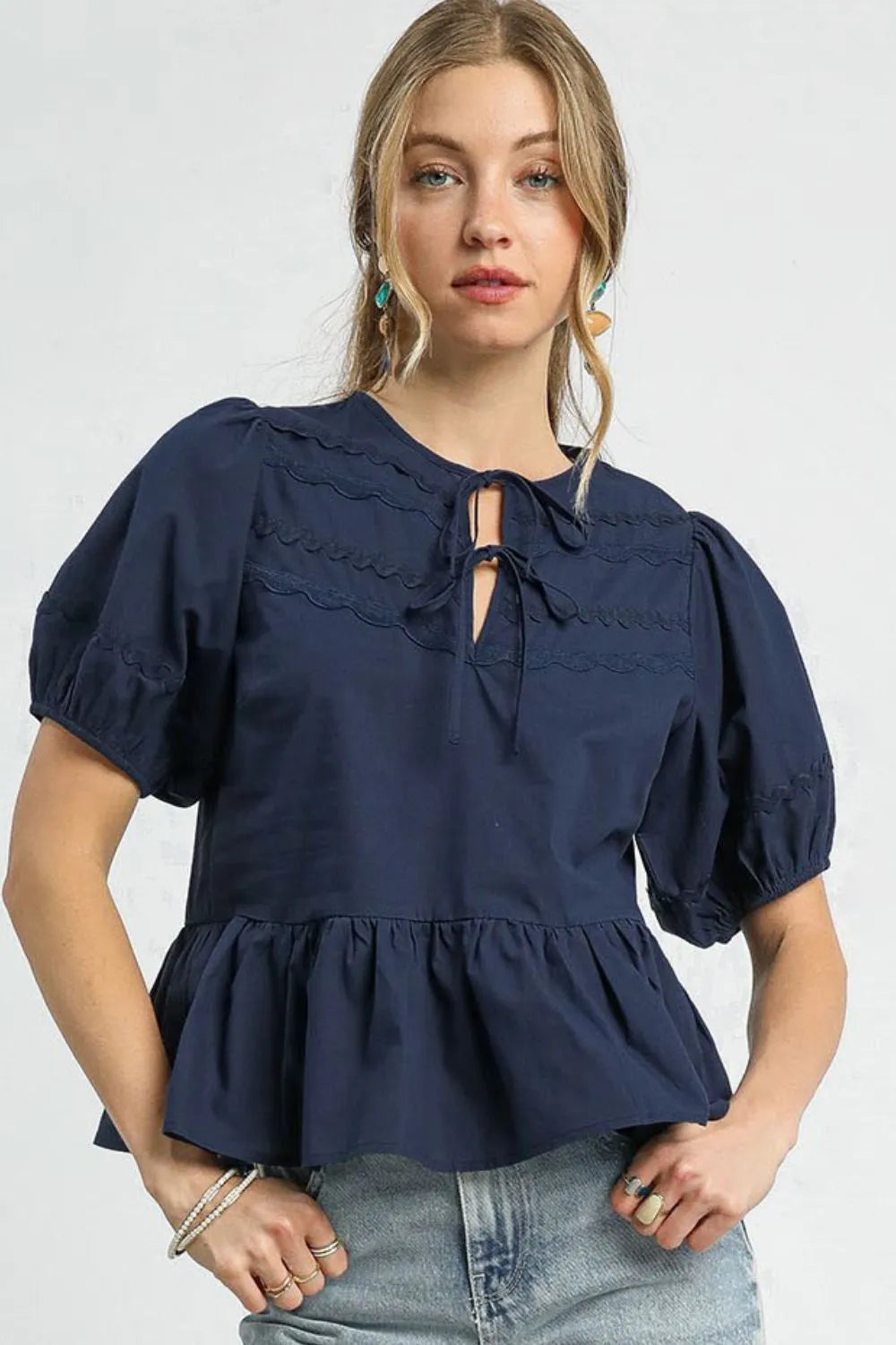Dark Navy Umgee Tie Front Puff Sleeve Blouse