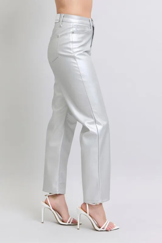 Metallic Silver Judy Blue Full Size High Waist Silver Faux Leather Pants Plus Size