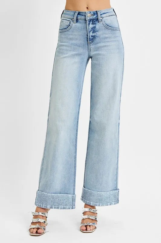 Light Risen Full Size Tummy Control High Rise Ankle Wide Cuffed Jeans Plus Size 1