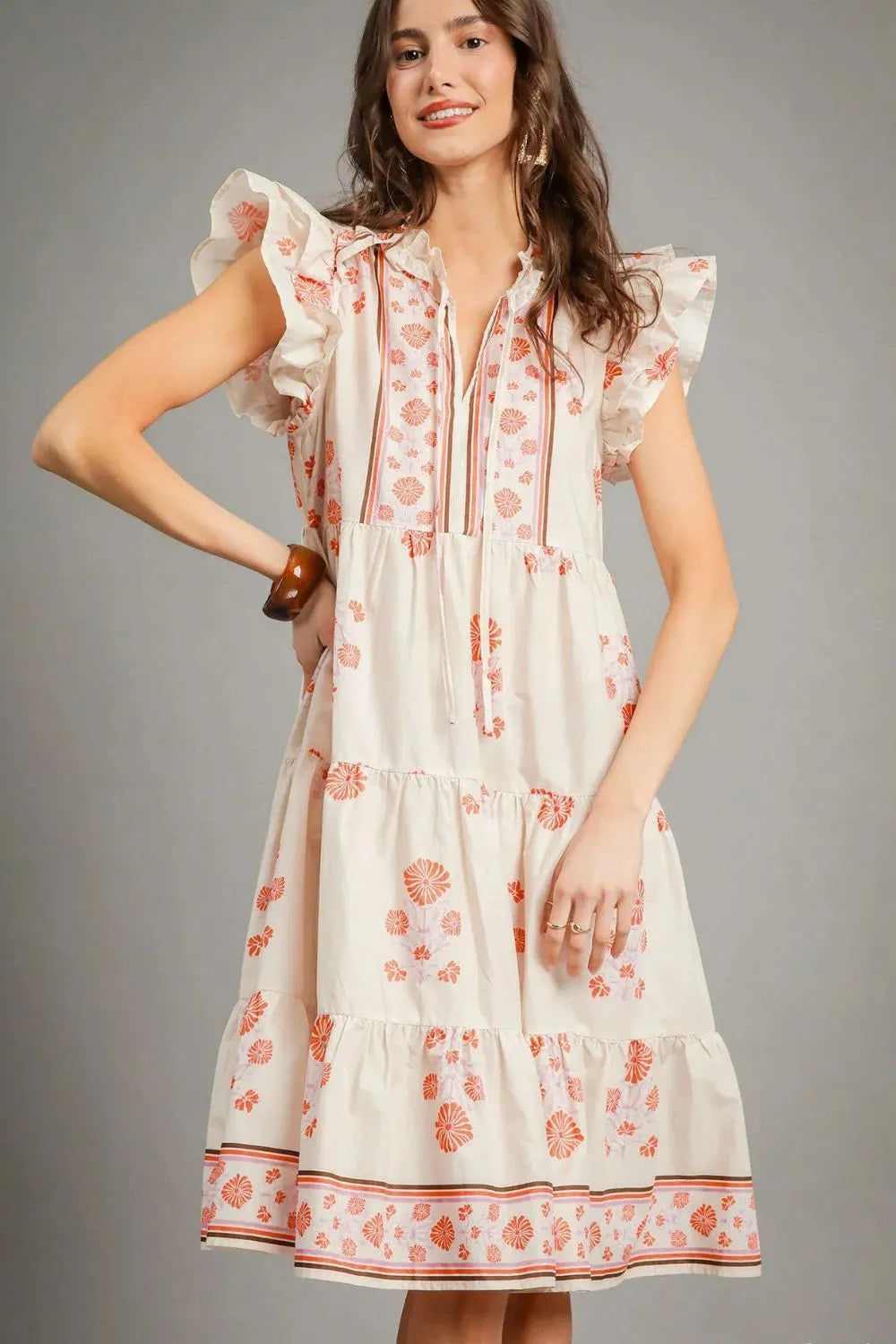 Burnt Coral Umgee Printed Tie Neck Ruffle Cap Sleeve Dress
