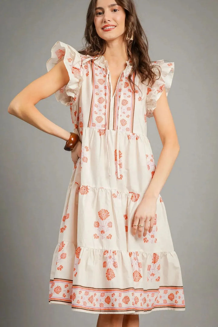 Burnt Coral Umgee Printed Tie Neck Ruffle Cap Sleeve Dress