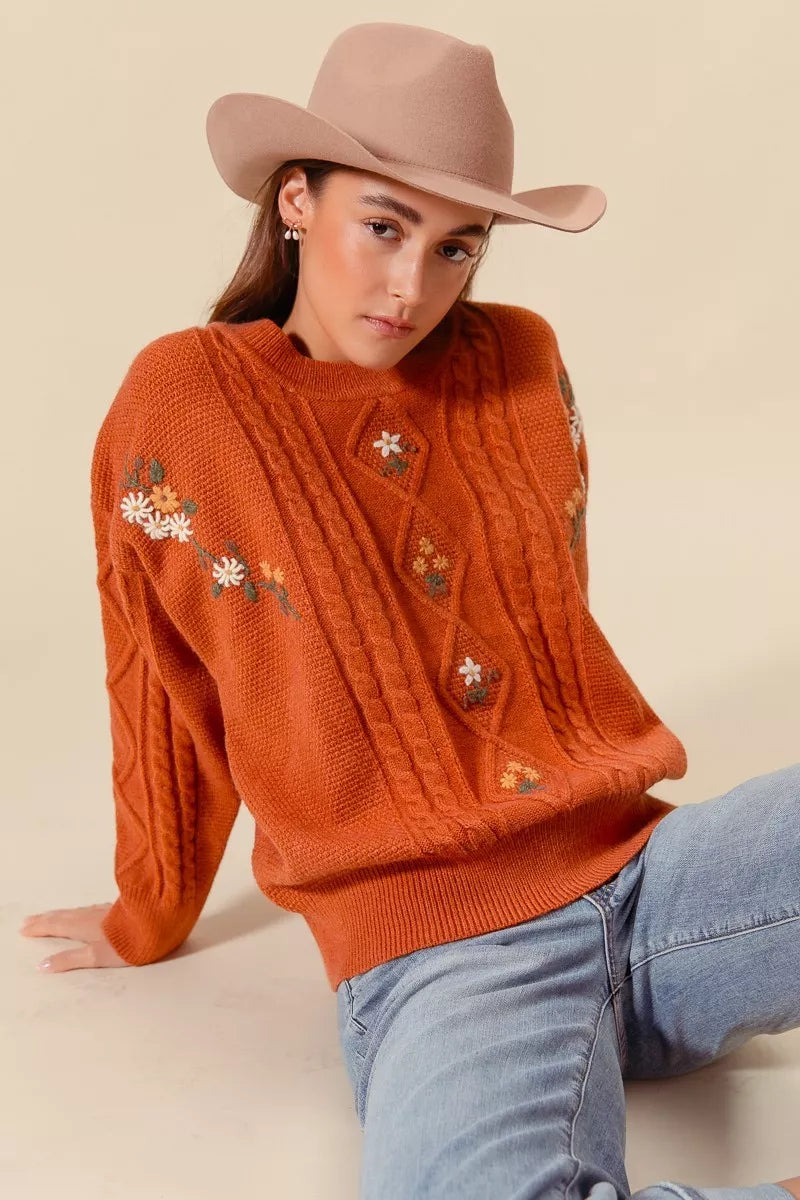 Brick So Me Embroidered Flower Cable Knitted Sweater