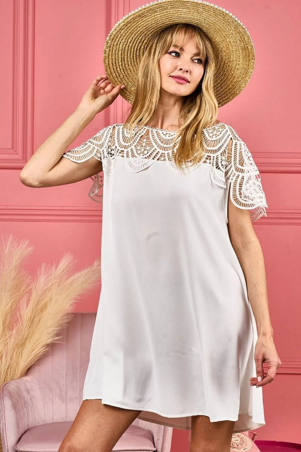 Ivory Bibi Crochet Lace Yoke Detailed Wrinkled Top